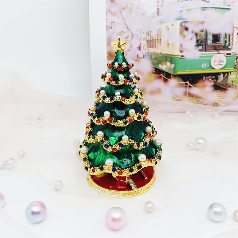 Alloy Christmas Tree Trinket Box, Hand-Painted Enamel Ring Storage Figurine